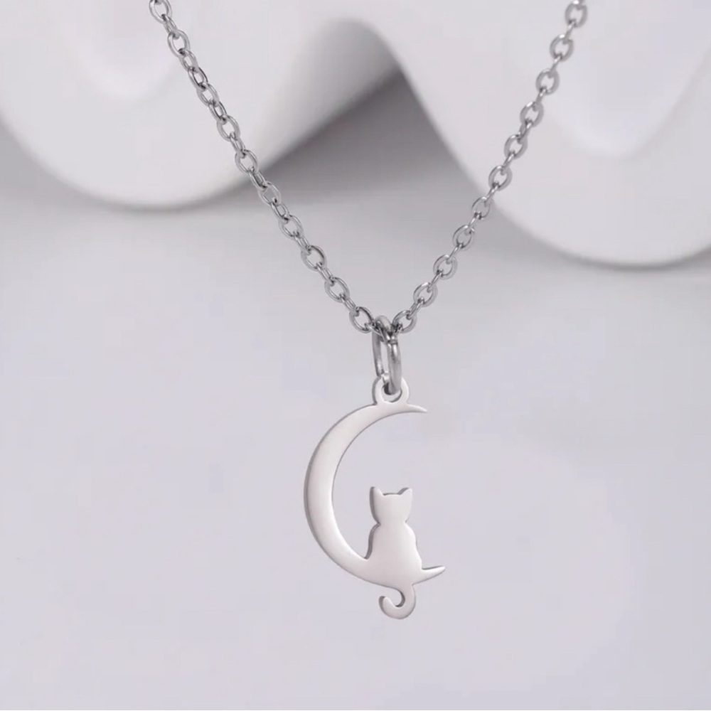Silver Cat & Moon Pendant Necklace